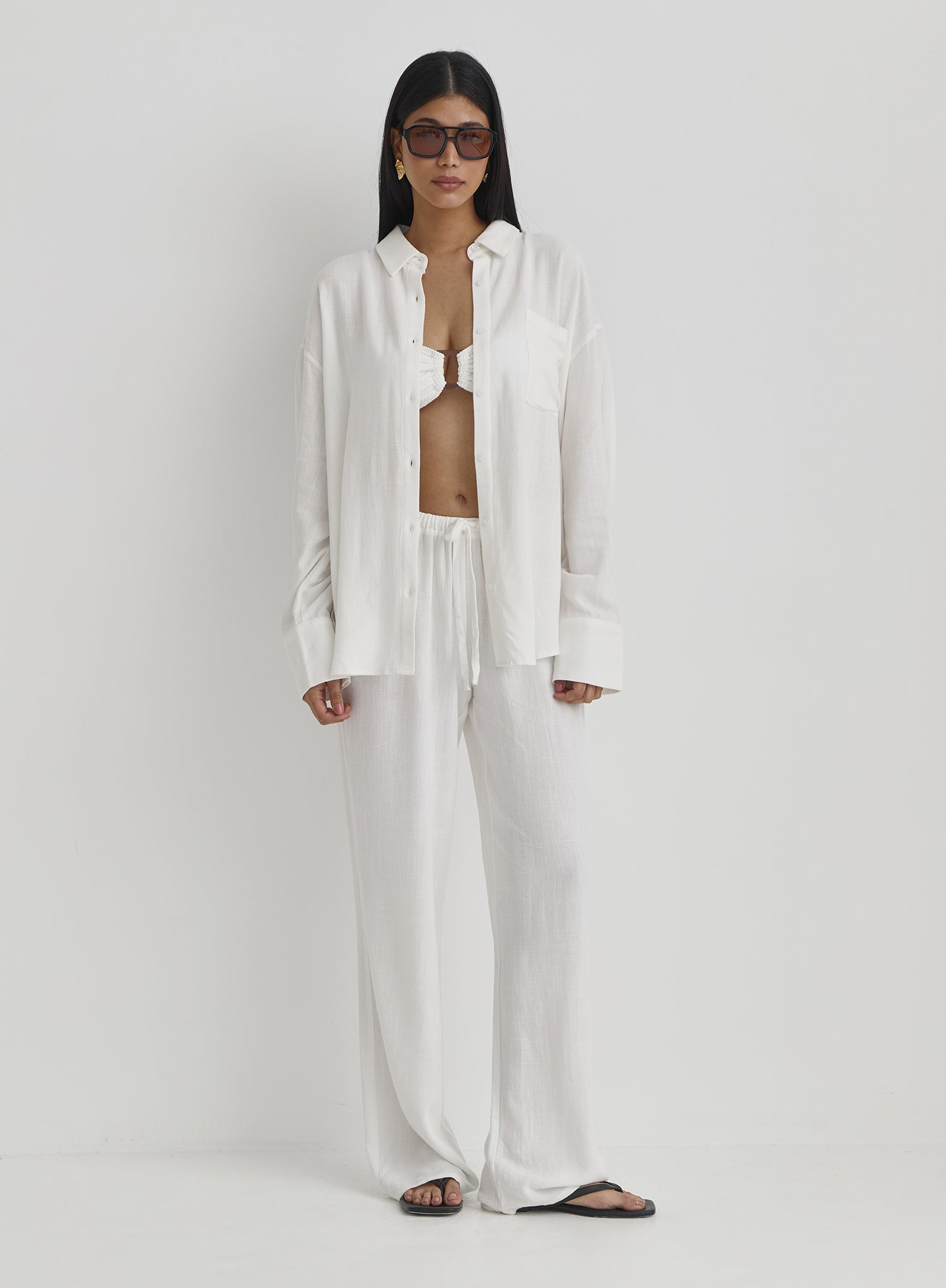 White Linen Loose Fit Trousers